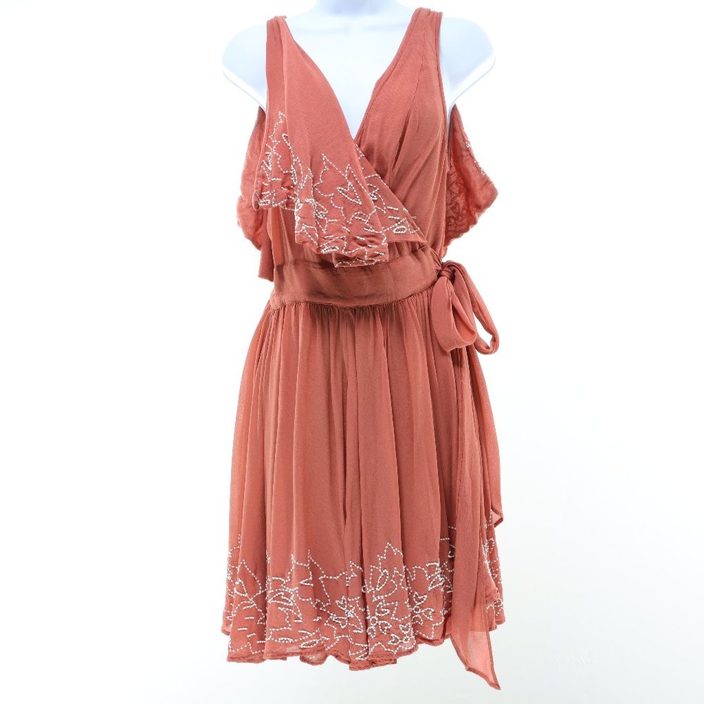 Free People Sylvia Beaded Wrap Dress Size L Samon/White - Picture 1 of 13